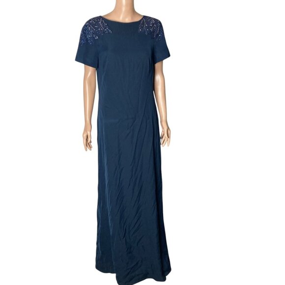 Tadashi Shoji Dresses & Skirts - Tadashi Shoji Formal Maxi Dress Womens Size 12 Beaded Shoulders Navy Blue